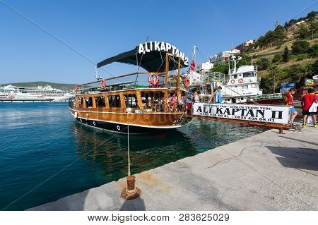 Kusadasi, Turkey - May 23, 2015: Sightseeng Tourist Boats At Port Of Kusadasi, Turkey.