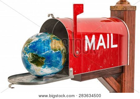 Mailbox With Earth Globe Inside. International Mail Service Concept, 3d Rendering Isolated On White 