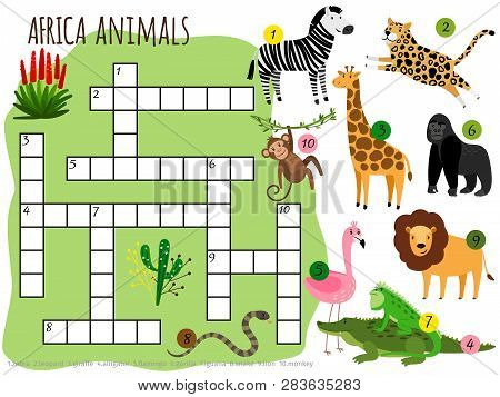 Exotic African Animals Vector Crossword For Children. Illustration Of Game Puzzle Crossword With Ani