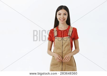Charming Female Grocery Seller Smiling Friendly To Customer Standing In Cute Brown Overalls Steeplin