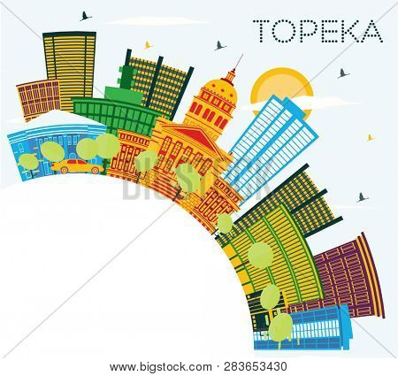Topeka Kansas USA City Skyline with Color Buildings, Blue Sky and Copy Space. Business Travel and Tourism Concept with Modern Architecture. Topeka Cityscape with Landmarks.