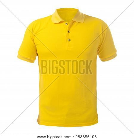 Blank Collared Shirt Mock Up Template, Front  View, Isolated On White, Plain Yellow T-shirt Mockup. 