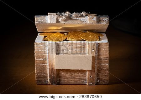 Shiny Gold Coins (austrian Ducats) In A Small Wooden Treasure Box