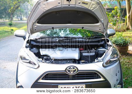 Bangkok, Thailand - February 11 2019 : Car Engine  Of Toyota Sienta Open In Park At Bangkoknoi, Bang