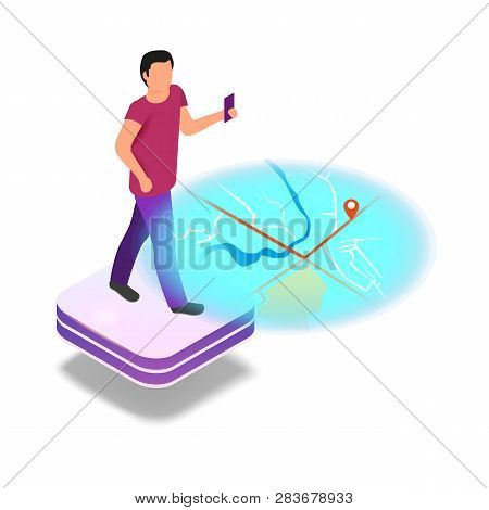 Isometric Image Programming In Augmented Reality. Vector Illustration Walking Guy Holding His Hand M