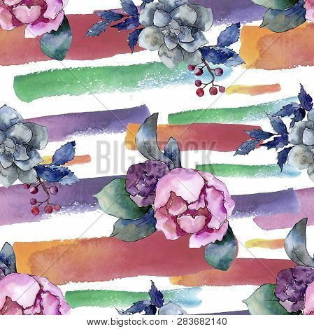 Peony And Succulent Bouquet Floral Flower. Watercolor Background Illustration Set. Seamless Backgrou