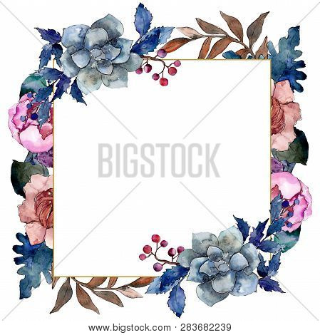 Peony And Succulent Bouquet Floral Flower. Watercolor Background Illustration Set. Frame Border Orna