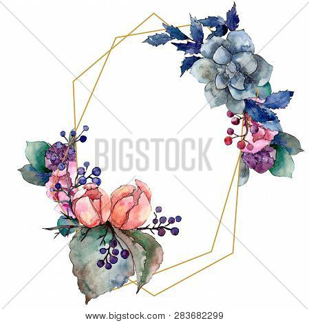Peony And Succulent Bouquet Floral Flower. Watercolor Background Illustration Set. Frame Border Orna