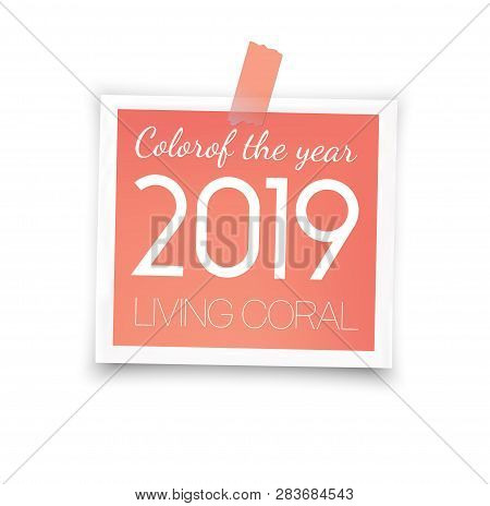 Living Coral. Photo Frame  Mockup Glued With Color Tape . Realistic Empty Template.  Vector Illustra