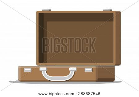 Open Vintage Suitcase For Travel. Retro Case For Luggage. Empty Bag, Box, Container For Goods. Vecto