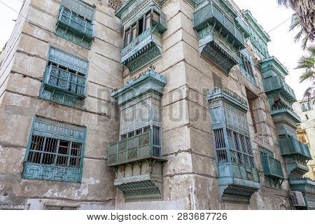 Old City In Jeddah Saudi Arabia Known As Historical Jeddah. Old And Heritage Windows And Doors In Je