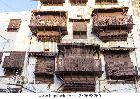 Old City In Jeddah Saudi Arabia Known As Historical Jeddah. Old And Heritage Windows And Doors In Je