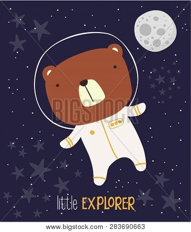 Cute Bear In Astronaut Suit On Starry Background And Moon. Drawn Style Illustration. Can Be Used For