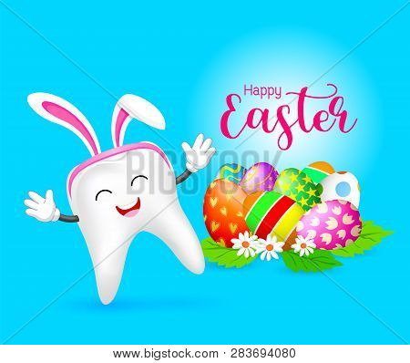 Bunny Tooth Character With Easter Eggs. Dental Easter, Illustration Isolated On Blue Background.