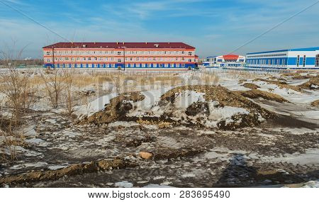 Buildings On The Outskirts Of The City. Ust-kamenogorsk (kazakhstan). Outskirts. Buildings And Sky. 