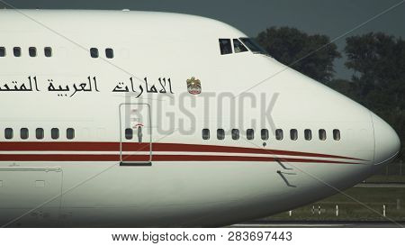 Dusseldorf, Germany - July 23, 2017: Closeup Fuselage Of Boeing 747 Jumbojet Of United Arab Emirates