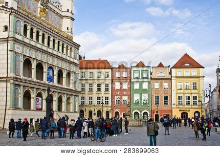 Poznan/poland - February 6th 2019: Crowd Of Tourists Admiring Old Town Square, Taking Photos Of The 