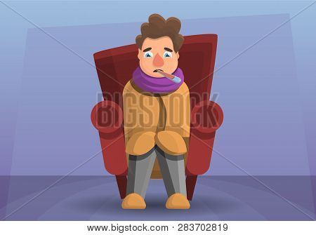 Flu Man In Sofa Concept Banner. Cartoon Illustration Of Flu Man In Sofa Vector Concept Banner For We