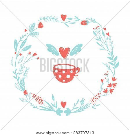 Wreath Of Flowers In Pastel Colors: Pink And Blue. Set Of Colors For The Romantic Design In Rustic S