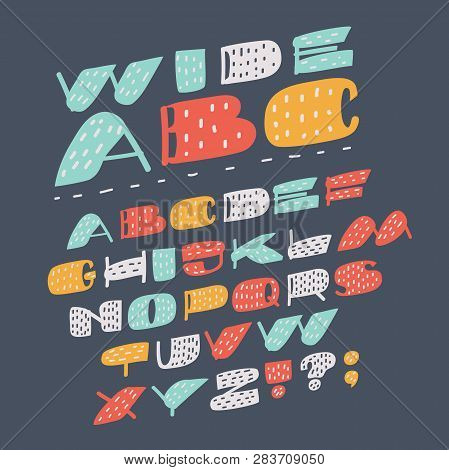 Vector Cartoon Wide, Inclined Alphabet Letters. Hand Drawn Latin Contemporary Abc, Slanted Font Type
