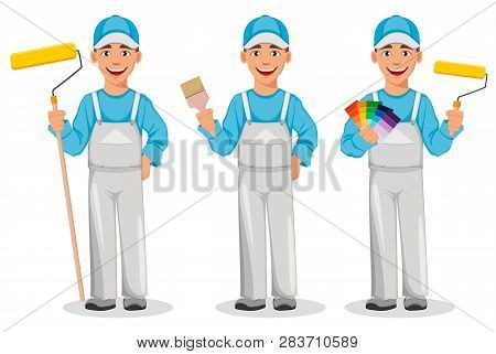 Painter Man, Set Of Three Poses. Decorator Cartoon Character Holding Paint Roller, Holding Paint Bru