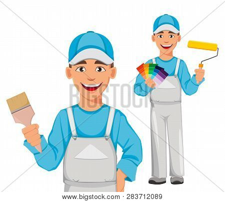 Painter Man, Set Of Two Poses. Decorator Cartoon Character Holding Paint Brush And Holding Paint Rol