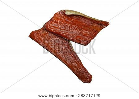 Two Pieces Of Delicious Smoked Red Keta Fish. Isolated On White Background.