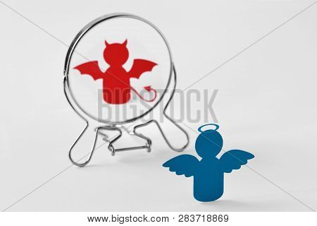 Angel Looking In The Mirror And Seeing Himself As A Devil - Good And Evil, Distorted Self-image Conc