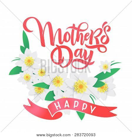 Vector Mother's Day Springtime Greeting Card, Festive Calligraphy Lettering, Spring Red And Pink Blo