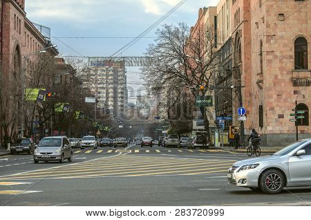 Yerevan, Armenia,january 02,2019: Beginning Of Amiryan Street With Old Buildings That Continue The S