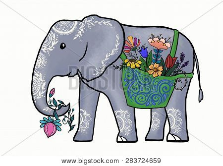 Elephant With A Bag Picking Flowers With His Trunk
