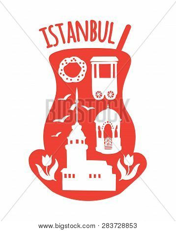 Istanbul, Turkey. Travel Illustration Of Famous Turkish Symbols: Maiden Tower, The Fountain, Bagel V