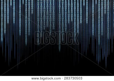 Computer Data Matrix. Vertical Digital Binary Code Moving Motion Downward. Light Up Blue One And Zer