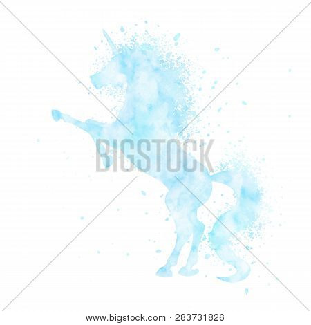 Watercolor Unicorn Silhouette Painting With Splatter Isolated On White Background. Blue Magic Creatu