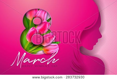 8 March. Womens Day Greeting Card Design With Young Woman Silhouette And Tulip Flower. International