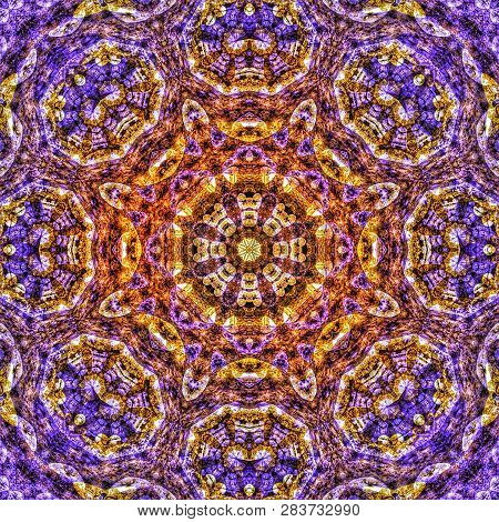 Violet And Golden Digitally Generated Mandala With Thin Lines Ornaments Reminding Prints On Banknote
