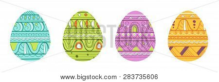Set Of Colorful Easter Eggs With Ethnic Ornament For Your Design.