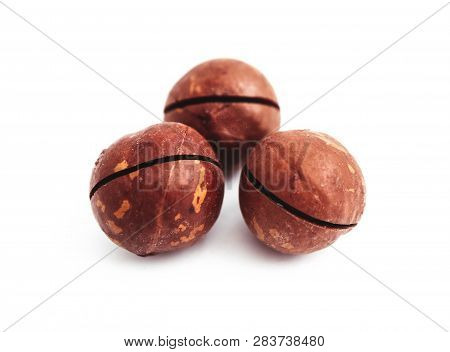 Macadamia Nut With A Cut On A Shell, Isolated On White Background.