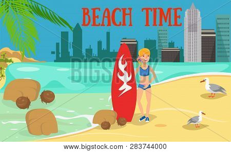 Female Surfer Flat Character. Young Woman With Surfboard And Seagulls. Surfing Advertising. Summerti