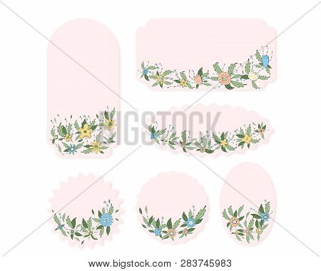 Wild Flowers And Leaves Badges Set.  Doodle Style Blanks Isolated On White Background. Collection Of