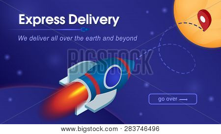 Express Delivery Service. Rocket Delivers Order To Moon. Spaceship Flying By Route To Destination. S