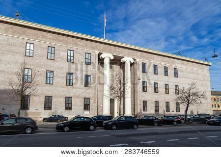 Copenhagen, Denmark - February 12, 2019: Front View Of The Freemasons Hall, The Headquarters Of The 