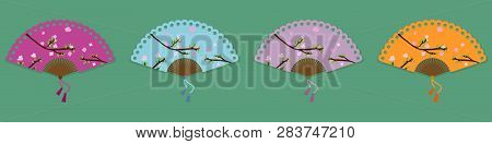 Vector Collection Of Four Oriental Fans With Flowers