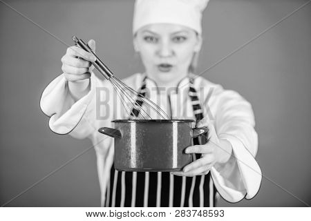 Use Hand Whisk. Whipping Cream Tips And Tricks. Woman Professional Chef Hold Whisk And Pot. Start Sl