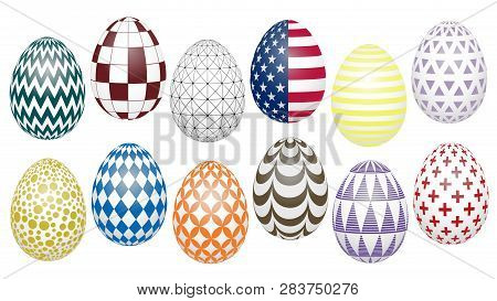 Trendy Colors Autumn-winter In Geometric Patterns On Easter Eggs. 2019 Trend Palette Set For The Bac