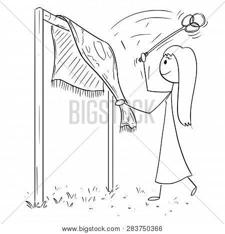 Cartoon Stick Figure Drawing Of Woman Beating Rug Or Carpet With Beater Or Whip Removing Dust.