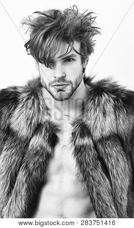 Fashion And Pathos. Richness And Luxury Lifestyle. Sexy Sleepy Rich Macho Tousled Hair Fur Vest On W