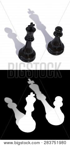 3d Illustration Of Two Chess Pieces Of A King And A Pawn With Inverted Shadows. A Mask Is Also Attac