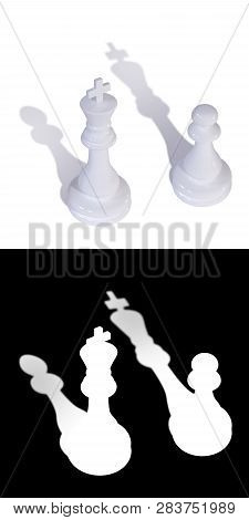 3d Illustration Of Two Chess Pieces Of A King And A Pawn With Inverted Shadows. A Mask Is Also Attac