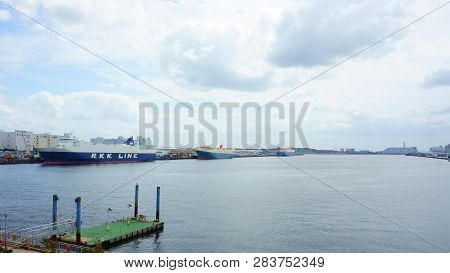 Tokyo / Japan - Sept 12 2018: Aomi Station, Odaiba Neighborhood. Large Dock For Ship